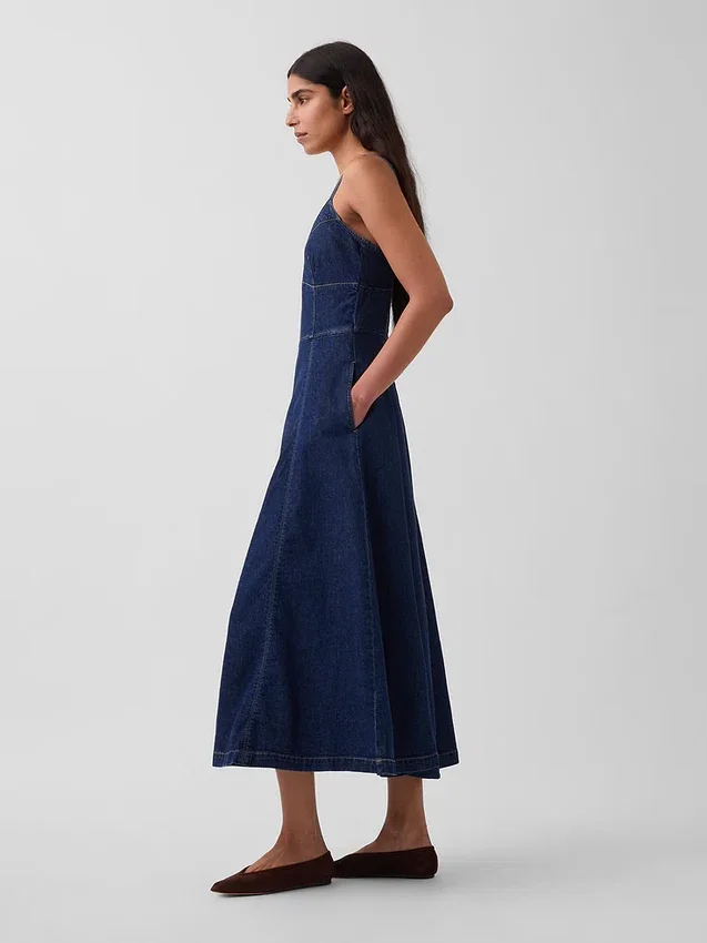 Dikişli Korsajlı Denim Maxi Elbise