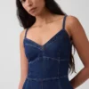 Dikişli Korsajlı Denim Maxi Elbise