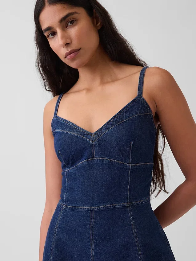 Dikişli Korsajlı Denim Maxi Elbise
