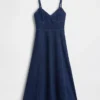 Dikişli Korsajlı Denim Maxi Elbise