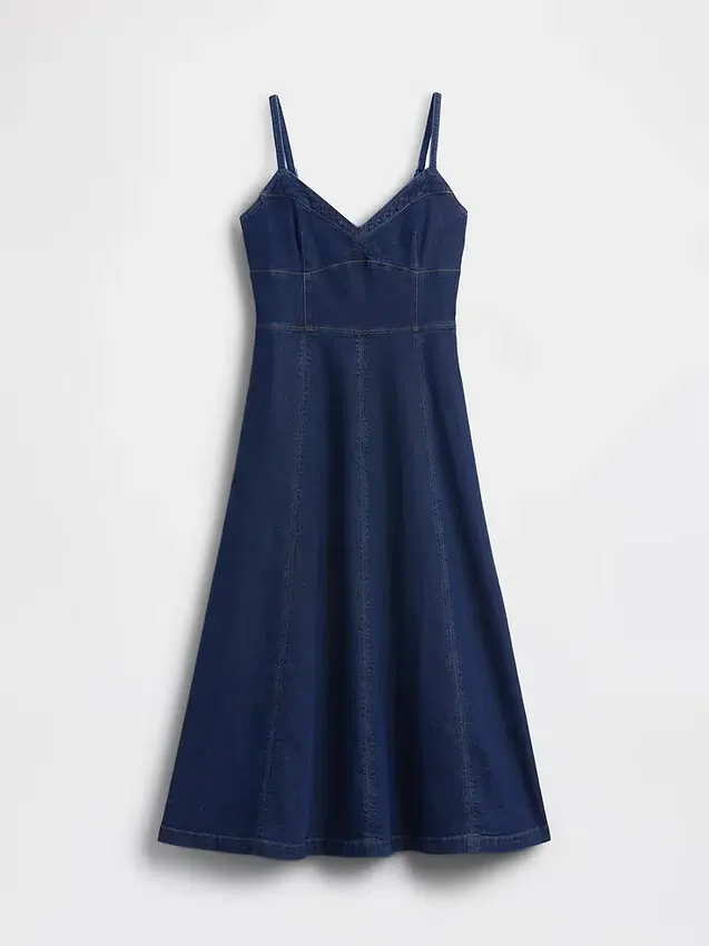 Dikişli Korsajlı Denim Maxi Elbise