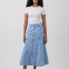 Dikişli, Önden Düğmeli Denim Maxi Etek