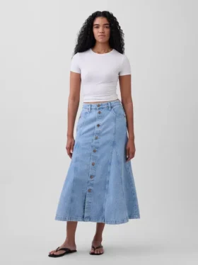 Dikişli, Önden Düğmeli Denim Maxi Etek