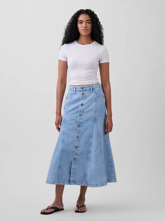 Dikişli, Önden Düğmeli Denim Maxi Etek