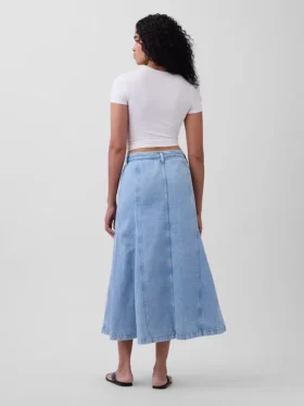 Dikişli, Önden Düğmeli Denim Maxi Etek