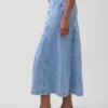 Dikişli, Önden Düğmeli Denim Maxi Etek