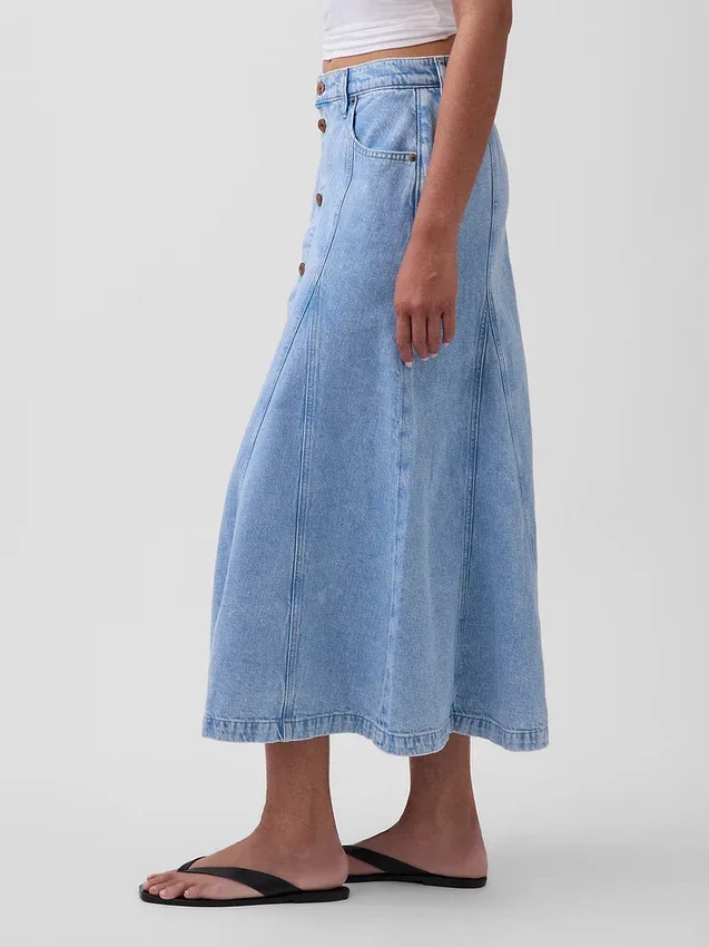 Dikişli, Önden Düğmeli Denim Maxi Etek