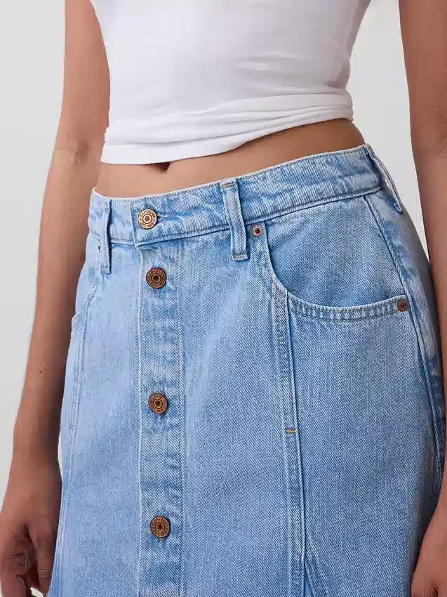 Dikişli, Önden Düğmeli Denim Maxi Etek