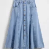 Dikişli, Önden Düğmeli Denim Maxi Etek