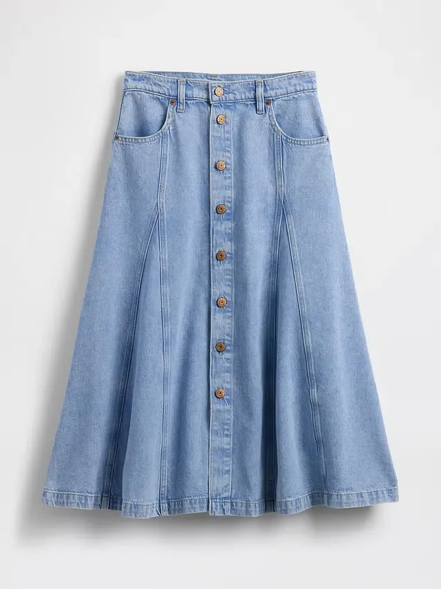 Dikişli, Önden Düğmeli Denim Maxi Etek