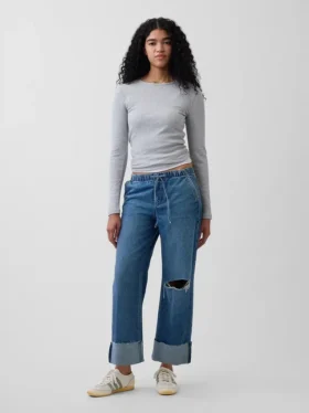 Düşük Bel '90'lar Stili Bol Kesim Kısa Jean