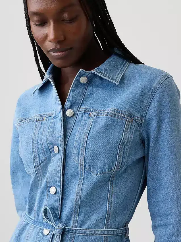 Düğmeli Denim Mini Elbise