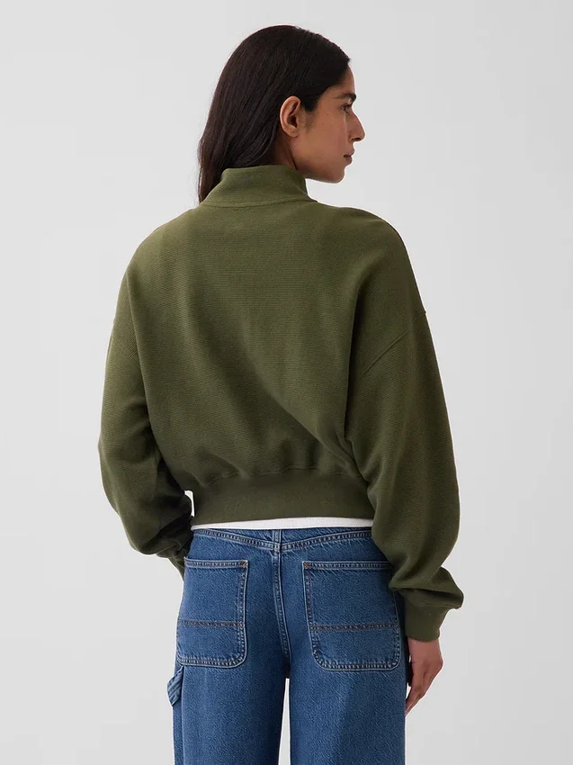 Dokulu Pamuklu Oversized Yarım Fermuarlı Kazak
