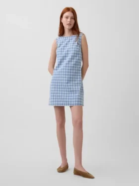 Ekose Desenli Denim Mini Düz Elbise