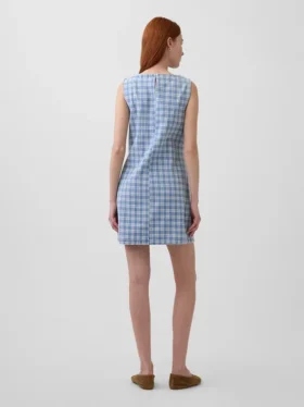 Ekose Desenli Denim Mini Düz Elbise