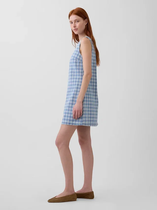 Ekose Desenli Denim Mini Düz Elbise