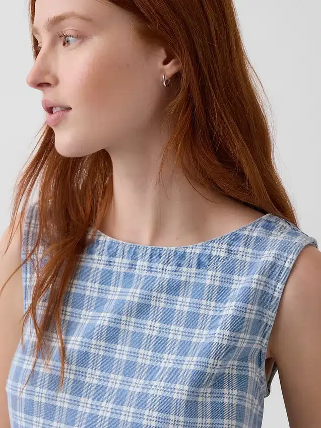 Ekose Desenli Denim Mini Düz Elbise