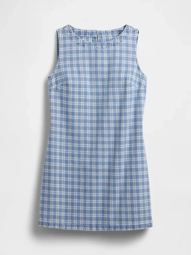 Ekose Desenli Denim Mini Düz Elbise