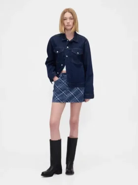Ekose Desenli Denim Mini Etek