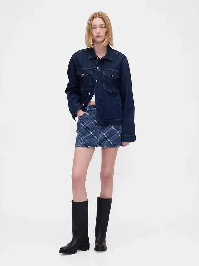 Ekose Desenli Denim Mini Etek