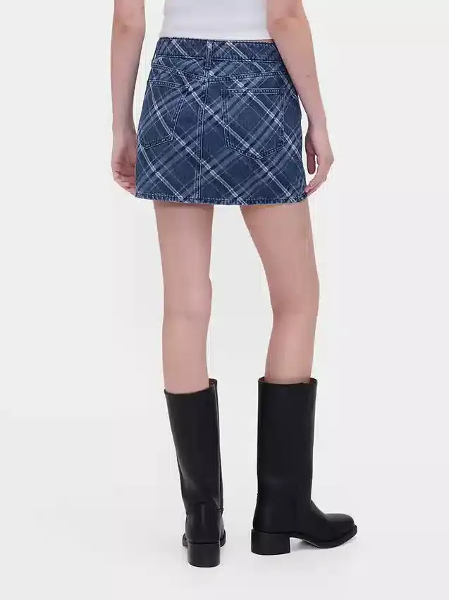 Ekose Desenli Denim Mini Etek