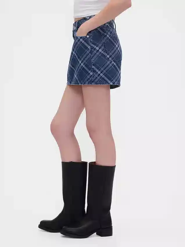 Ekose Desenli Denim Mini Etek