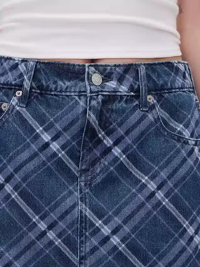 Ekose Desenli Denim Mini Etek