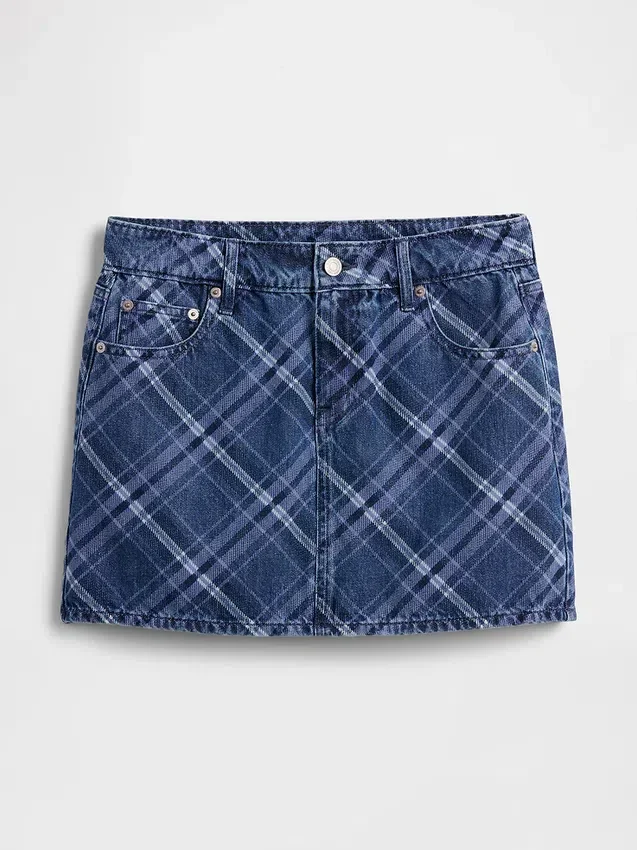 Ekose Desenli Denim Mini Etek
