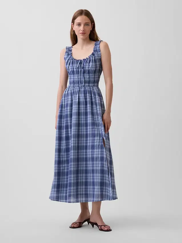 Ekose Voile Smoklu Bel Maxi Elbise