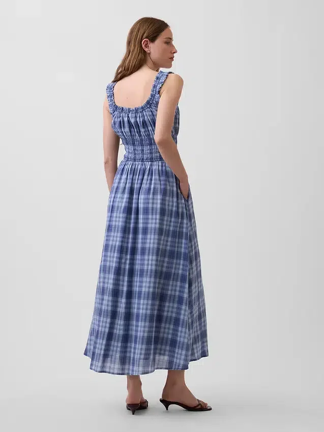 Ekose Voile Smoklu Bel Maxi Elbise