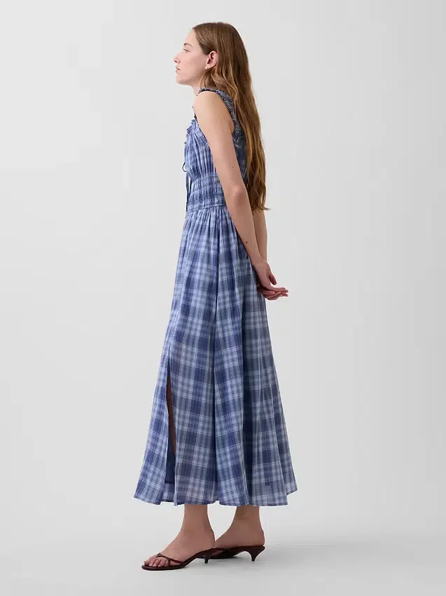 Ekose Voile Smoklu Bel Maxi Elbise
