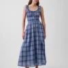 Ekose Voile Smoklu Bel Maxi Elbise