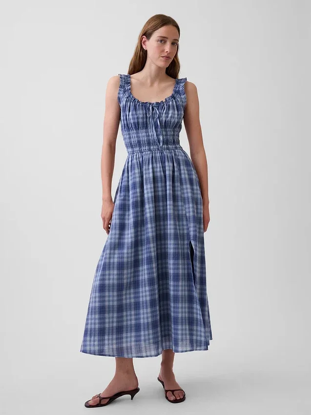 Ekose Voile Smoklu Bel Maxi Elbise