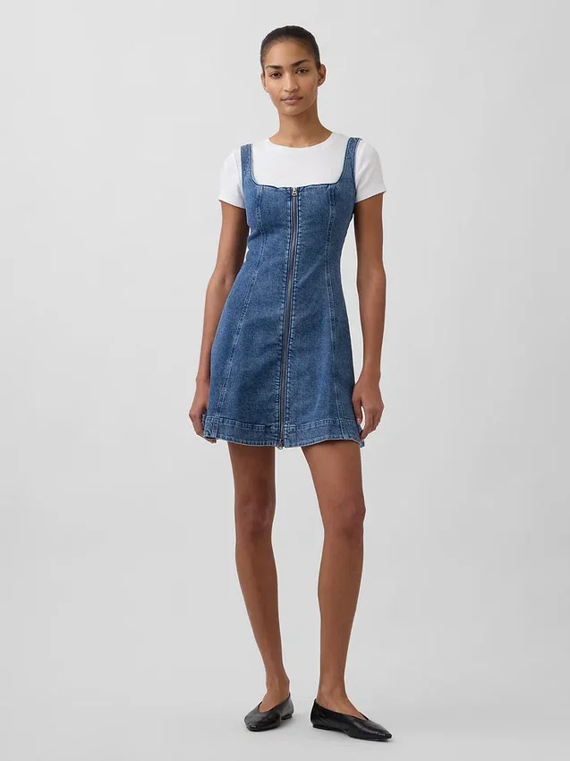 Fermuarlı Ön Kısımlı Denim Mini Elbise