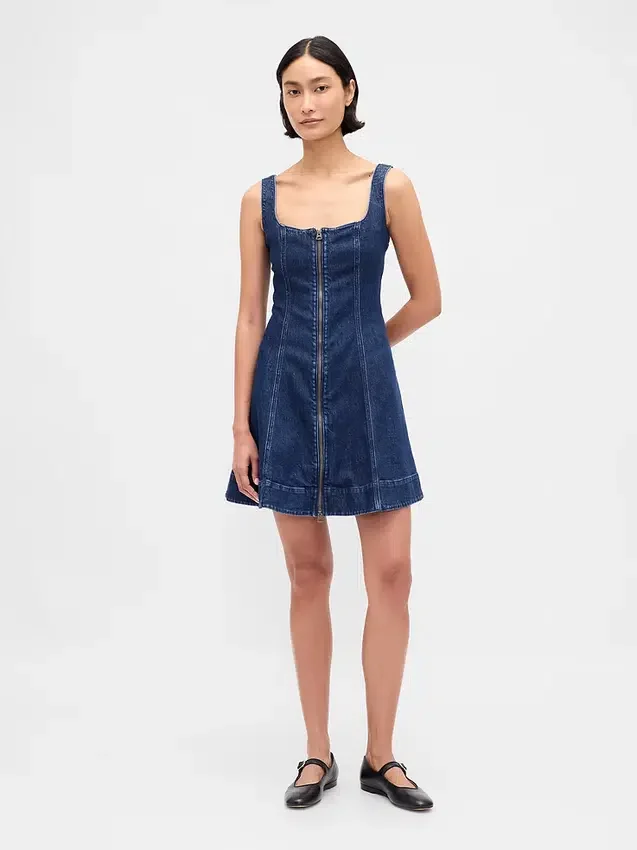 Fermuarlı Ön Kısımlı Denim Mini Elbise