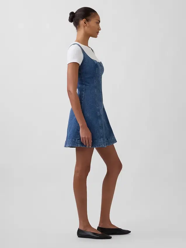 Fermuarlı Ön Kısımlı Denim Mini Elbise