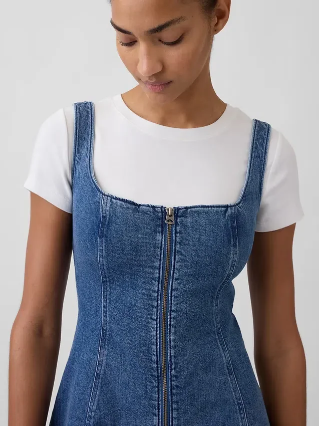 Fermuarlı Ön Kısımlı Denim Mini Elbise