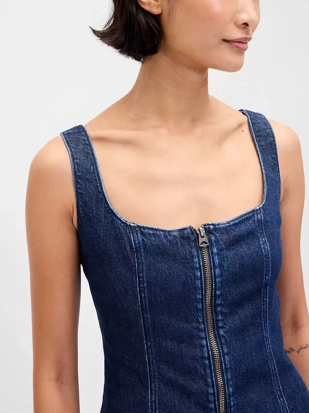 Fermuarlı Ön Kısımlı Denim Mini Elbise