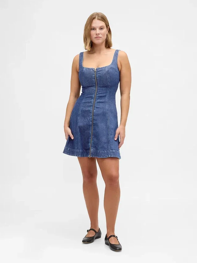 Fermuarlı Ön Kısımlı Denim Mini Elbise