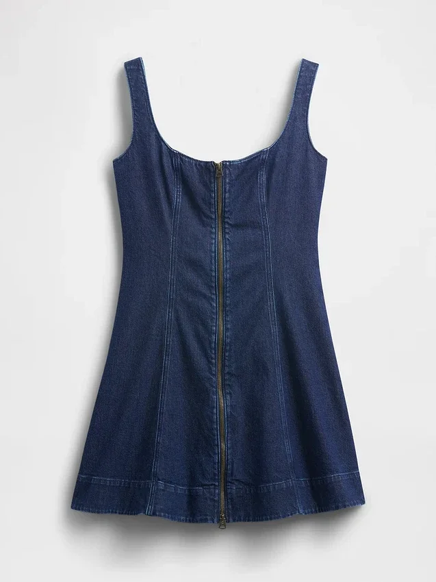 Fermuarlı Ön Kısımlı Denim Mini Elbise