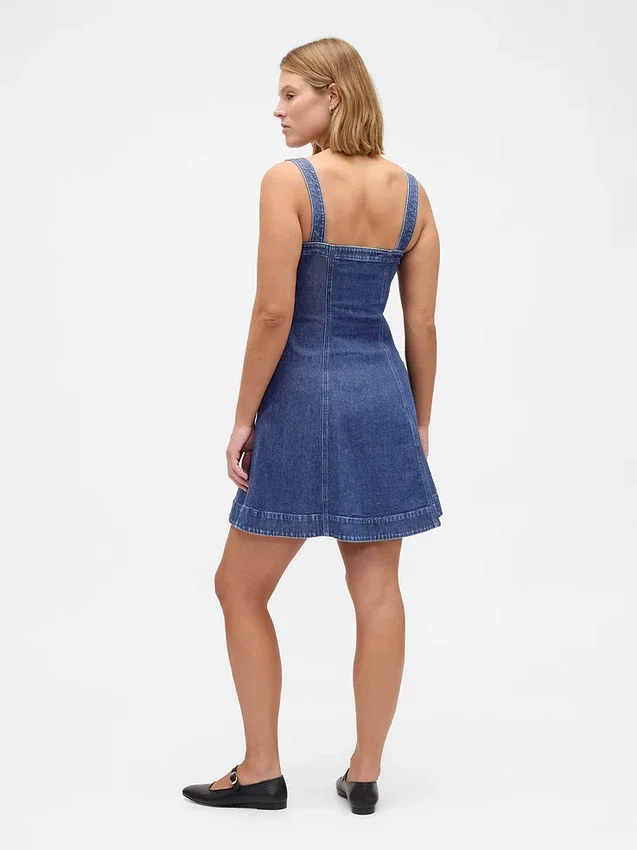 Fermuarlı Ön Kısımlı Denim Mini Elbise