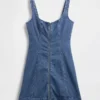 Fermuarlı Ön Kısımlı Denim Mini Elbise