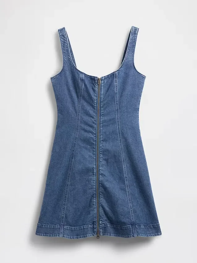 Fermuarlı Ön Kısımlı Denim Mini Elbise