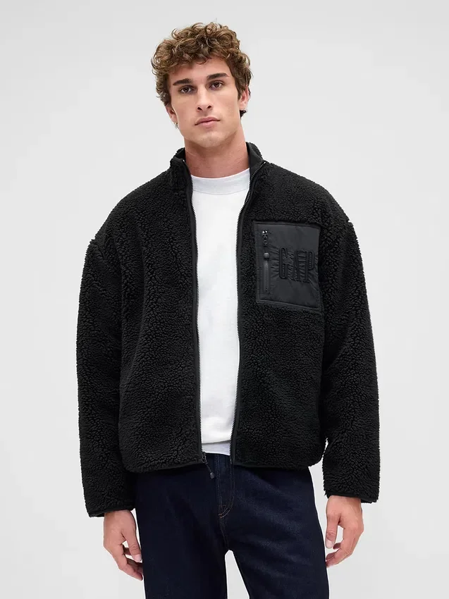 Geri Dönüştürülmüş Sherpa Oversized Logo Fermuarlı Ceket