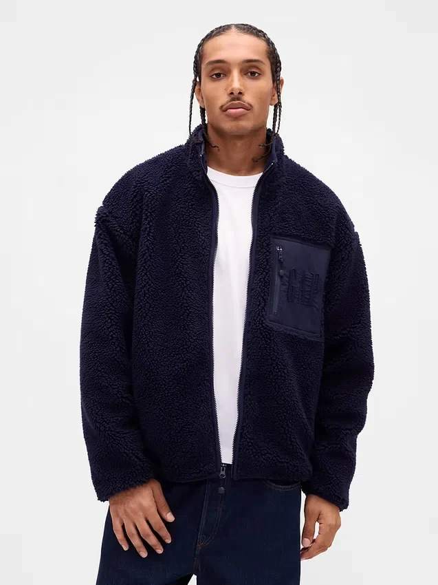 Geri Dönüştürülmüş Sherpa Oversized Logo Fermuarlı Ceket