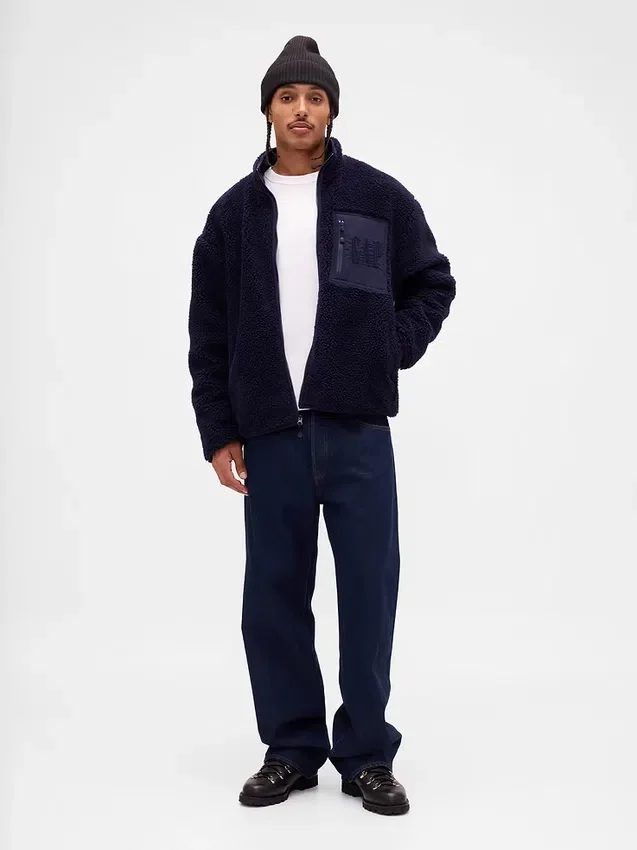 Geri Dönüştürülmüş Sherpa Oversized Logo Fermuarlı Ceket