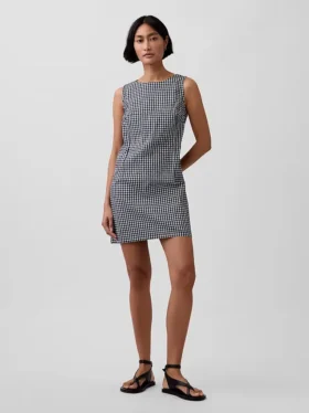 Gingham Denim Düz Kesim Mini Elbise