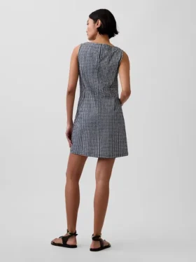 Gingham Denim Düz Kesim Mini Elbise