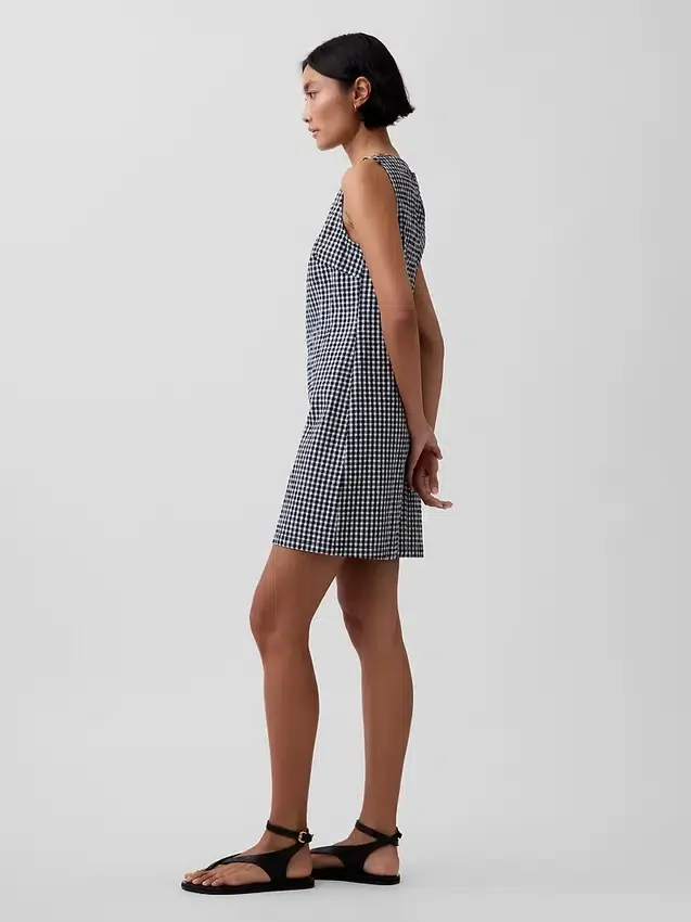 Gingham Denim Düz Kesim Mini Elbise
