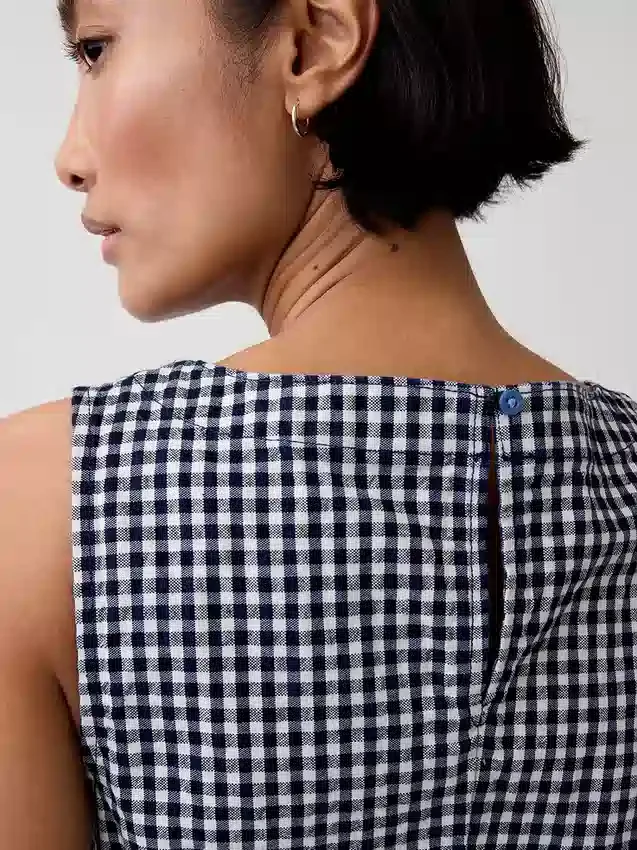 Gingham Denim Düz Kesim Mini Elbise